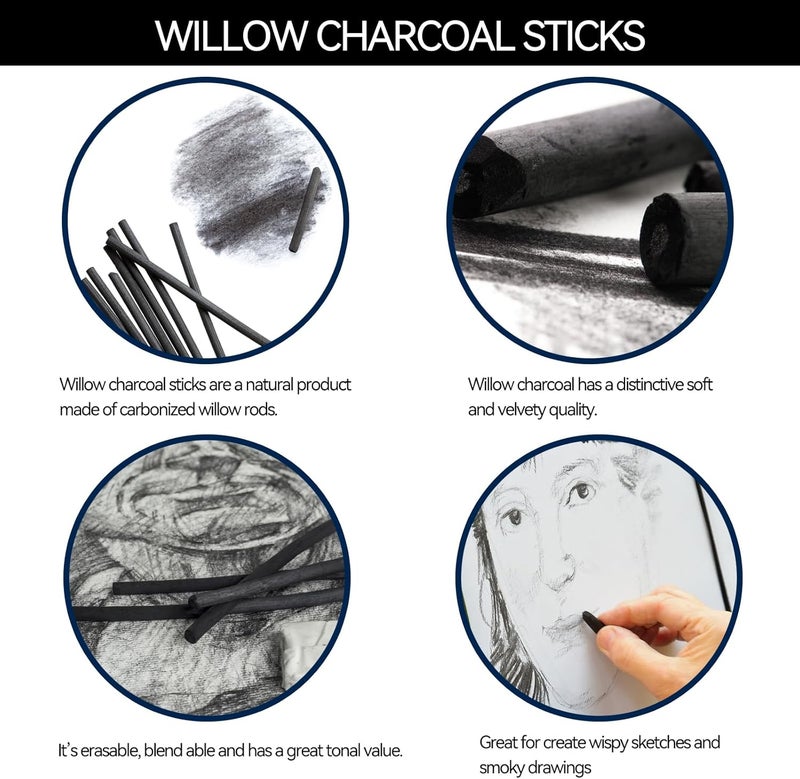 PANDAFLY Willow Charcoal Sticks, Soft, Black Artist Vine Charcoal for Artists, Beginners, Students, Great for Sketching, Drawing, Shading and Fine Art, 4-5mm, 25 Pack - Image 2